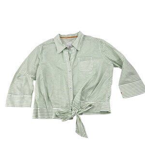 Liz Claiborne Women's Green‎ Striped Tie Front Blouse Size 14 button down y2k